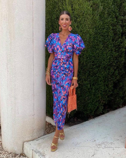 Loren - Vestido Midi Vibrante con Mangas Abullonadas