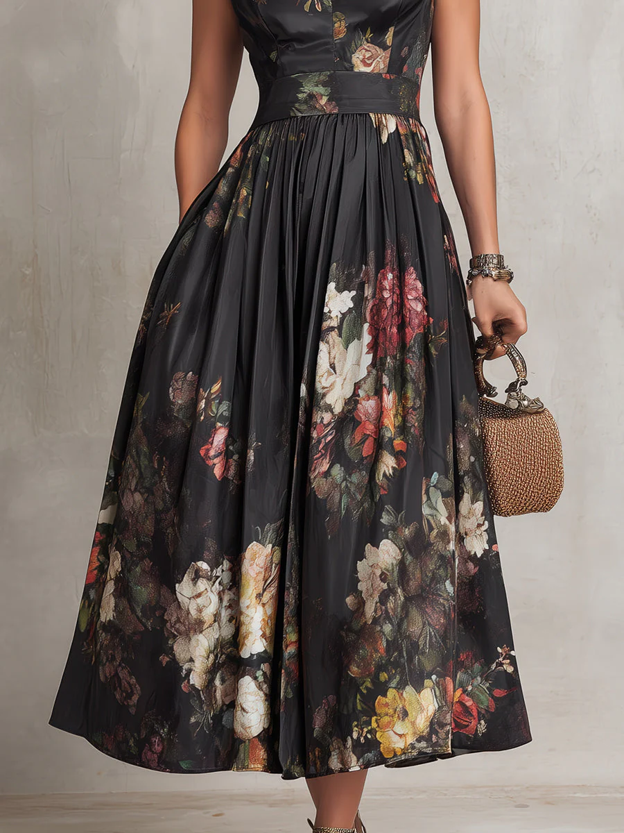 Patricia | Vestido midi plisado de satén negro con flores