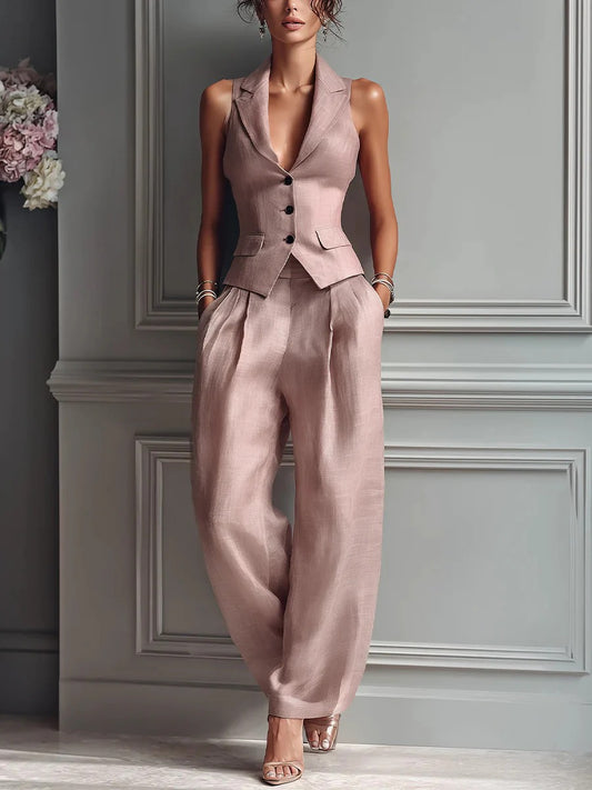 María -Conjunto de dos piezas para mujer con cuello en V y botones