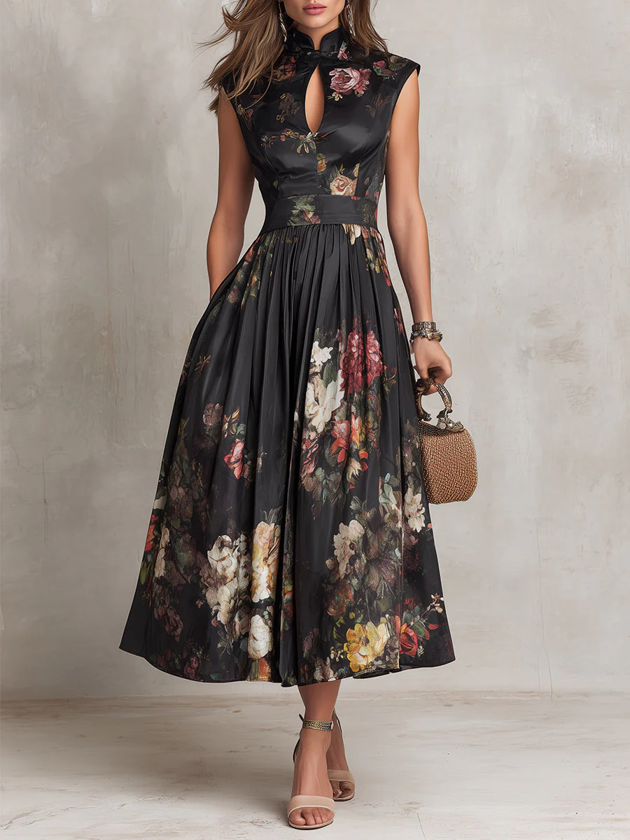 Patricia | Vestido midi plisado de satén negro con flores